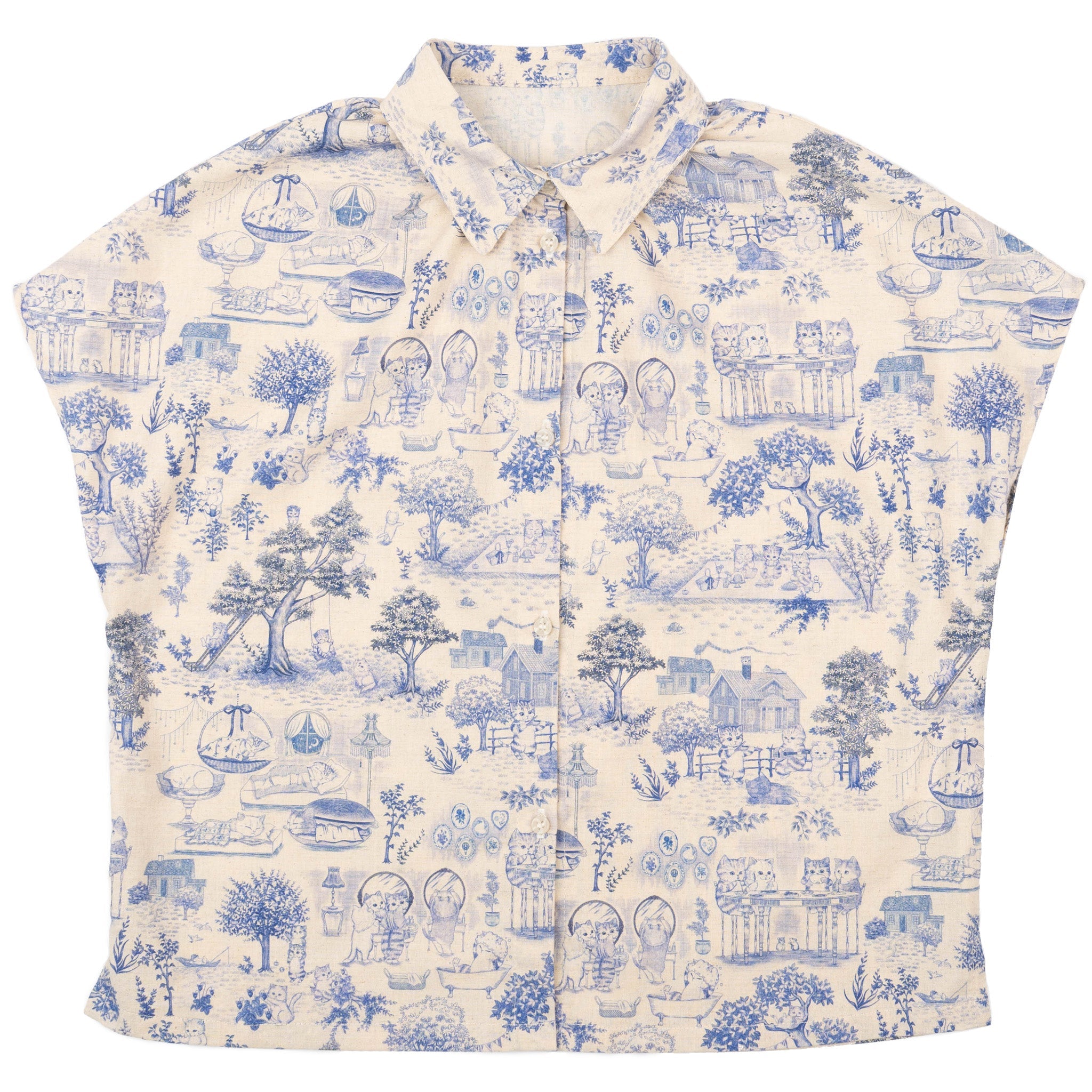 Billie Shirt - Linen Cats - Blue by Naked & Famous Denim