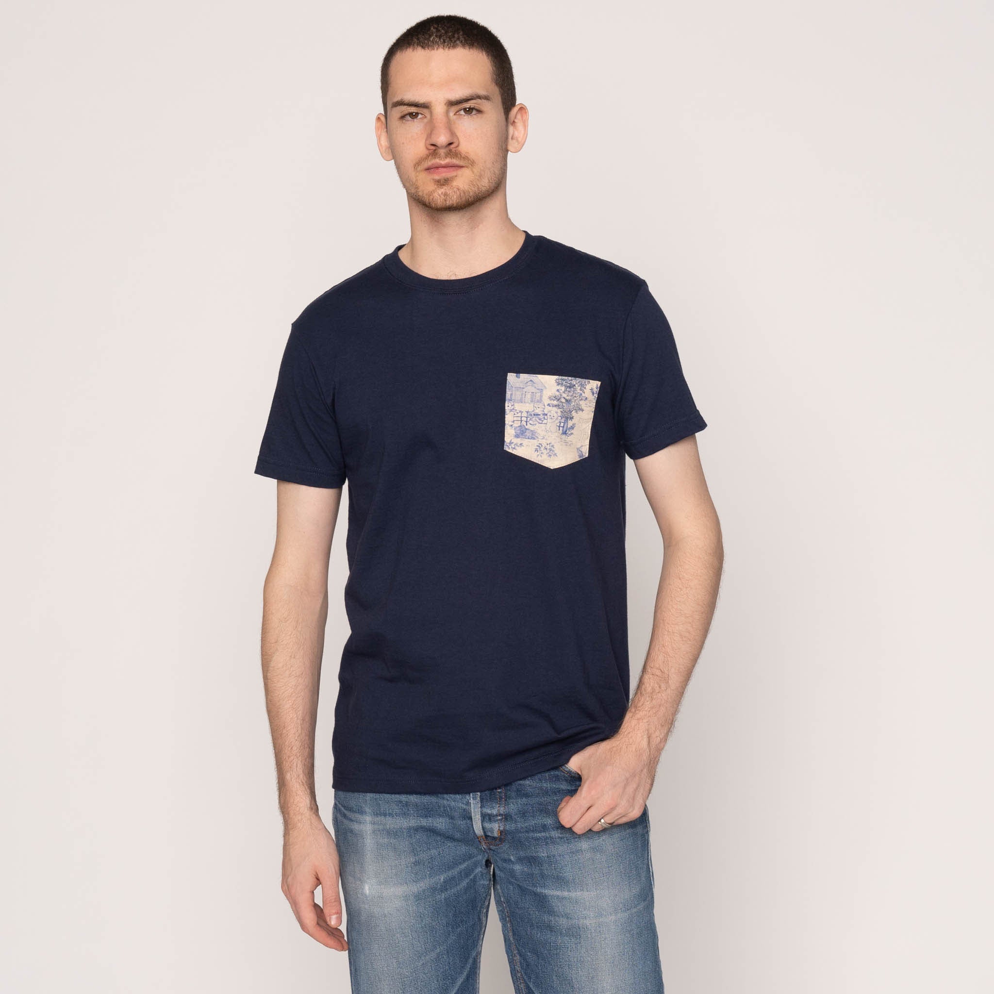 Pocket Tee - Navy - Linen Cats - Blue
