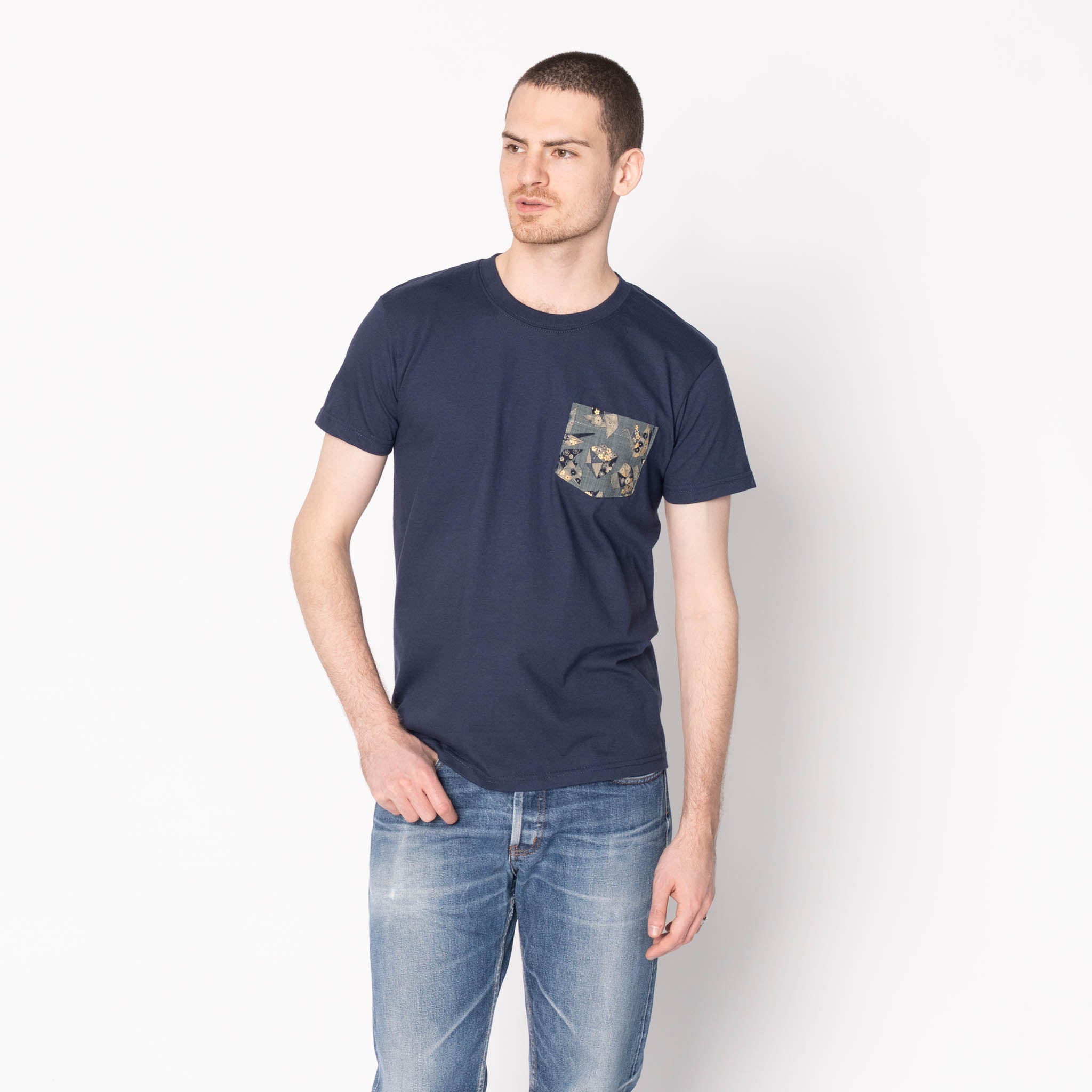 Pocket Tee   - Navy -   Kimono Print Rain by Naked & Famous Denim
