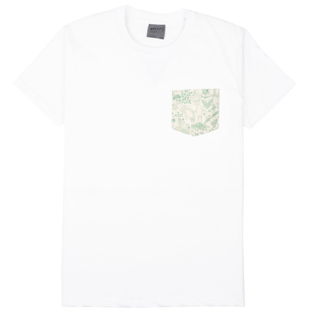 Pocket Tee - White + Linen Animals - Green by Naked & Famous Denim