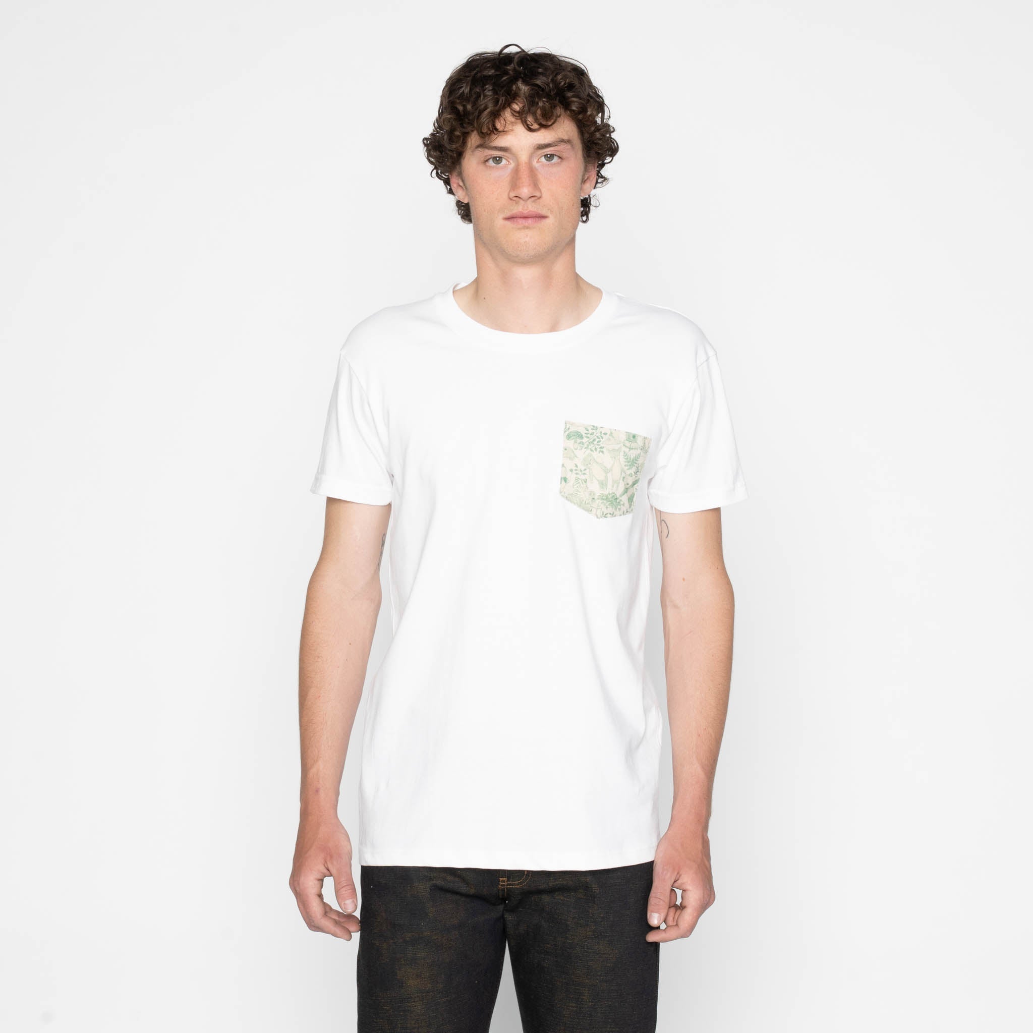 Pocket Tee - White + Linen Animals - Green by Naked & Famous Denim