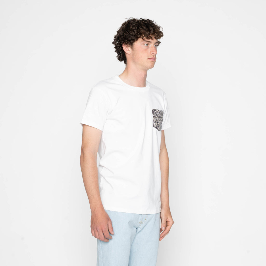 Pocket Tee - White + Seigaiha Waves - Indigo by Naked & Famous Denim