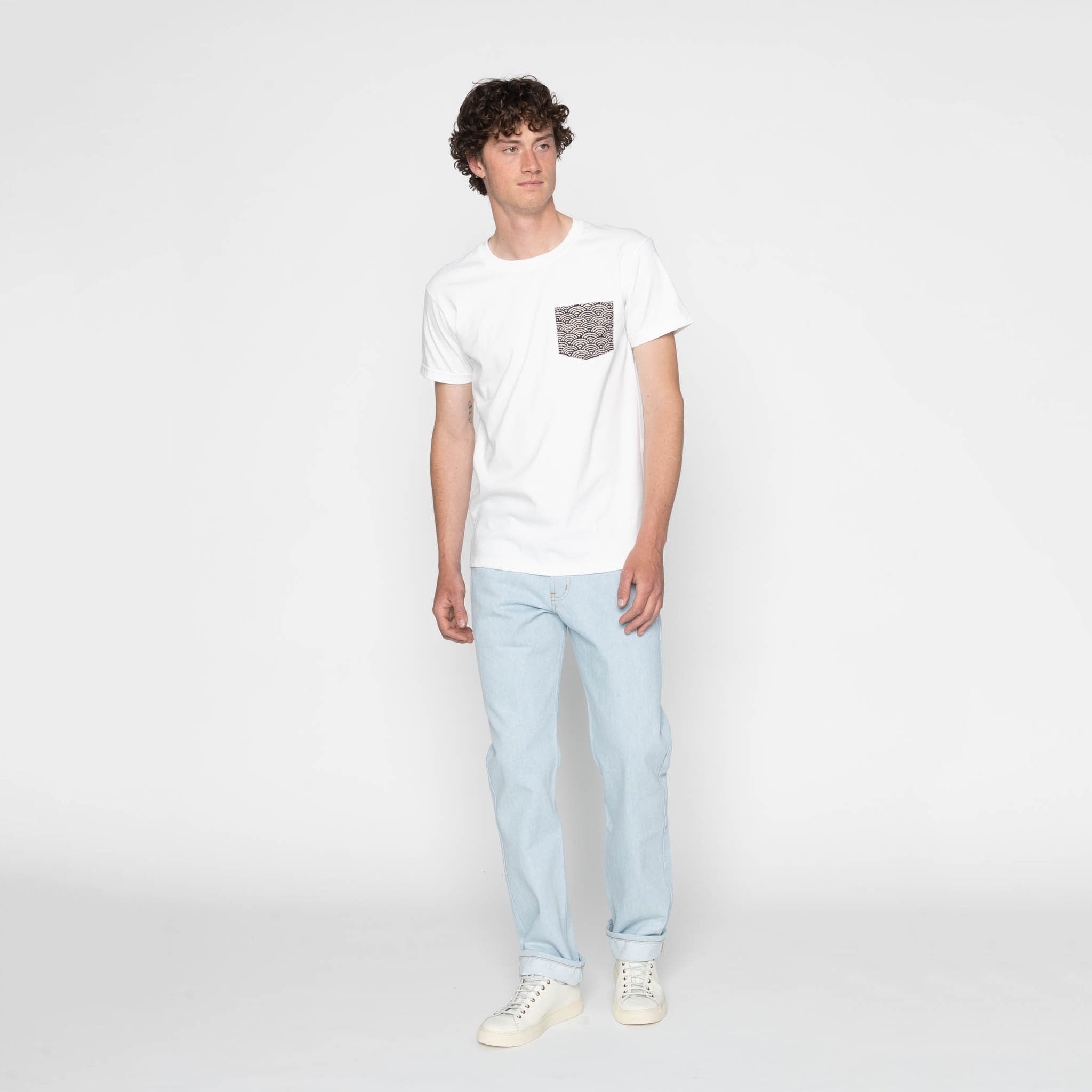 Pocket Tee - White + Seigaiha Waves - Indigo by Naked & Famous Denim
