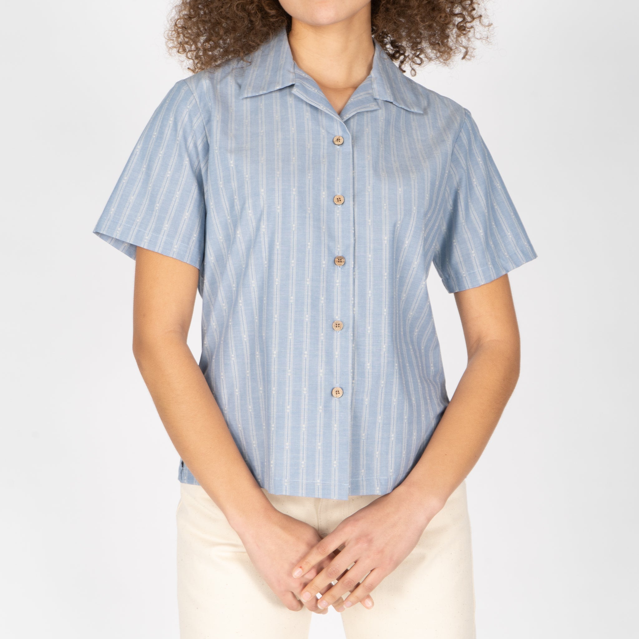 Camp Collar Shirt - Vintage Dobby Stripes - Pale Blue | Naked